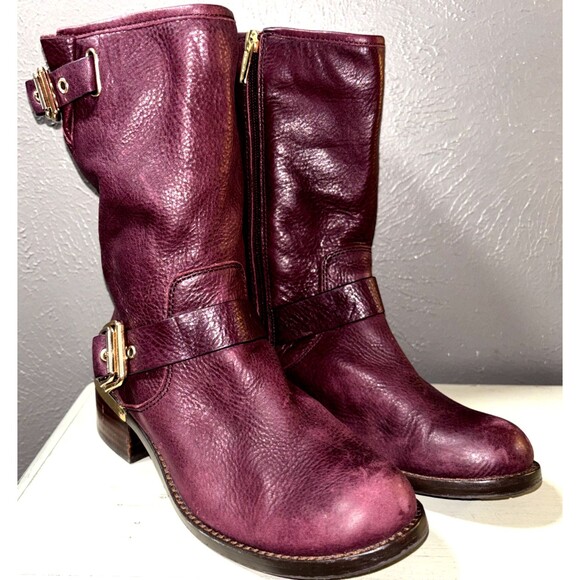 Vince Camuto Windy Women's Leather Moto Boot Harness Detail MidCalf 8M Burgundy - Picture 1 of 8